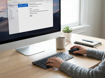 Schreibtischsituation mit Bildschirm und Tastatur